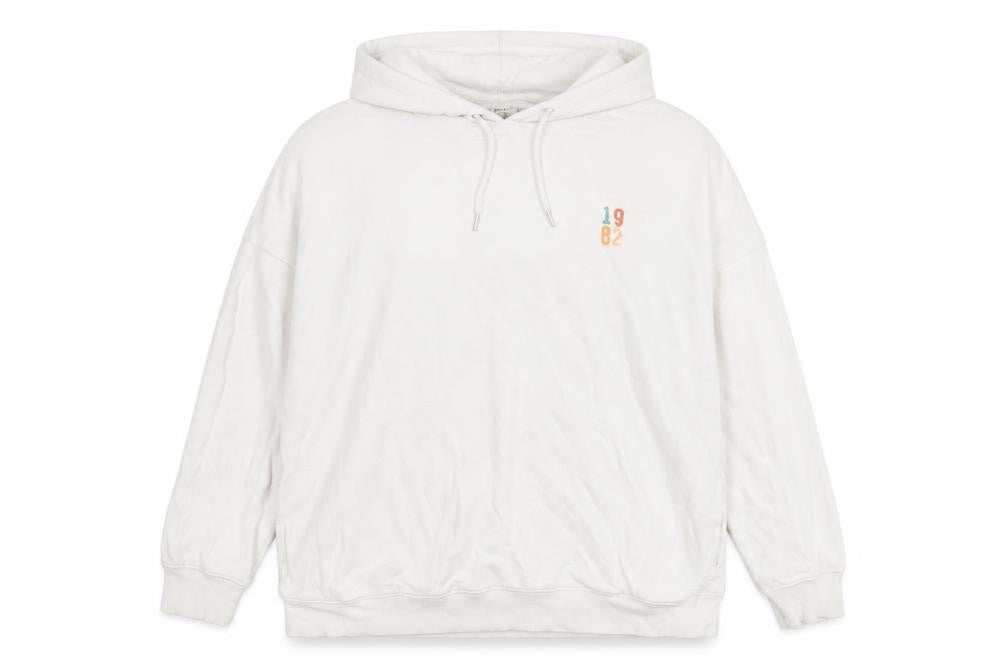 Front view of Next women’s white hoodie l pullover cotton oakland california print