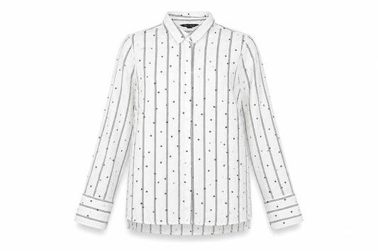 Front view of New Look Women White Striped Button-Up Shirt UK 10 Long Sleeve Polyester