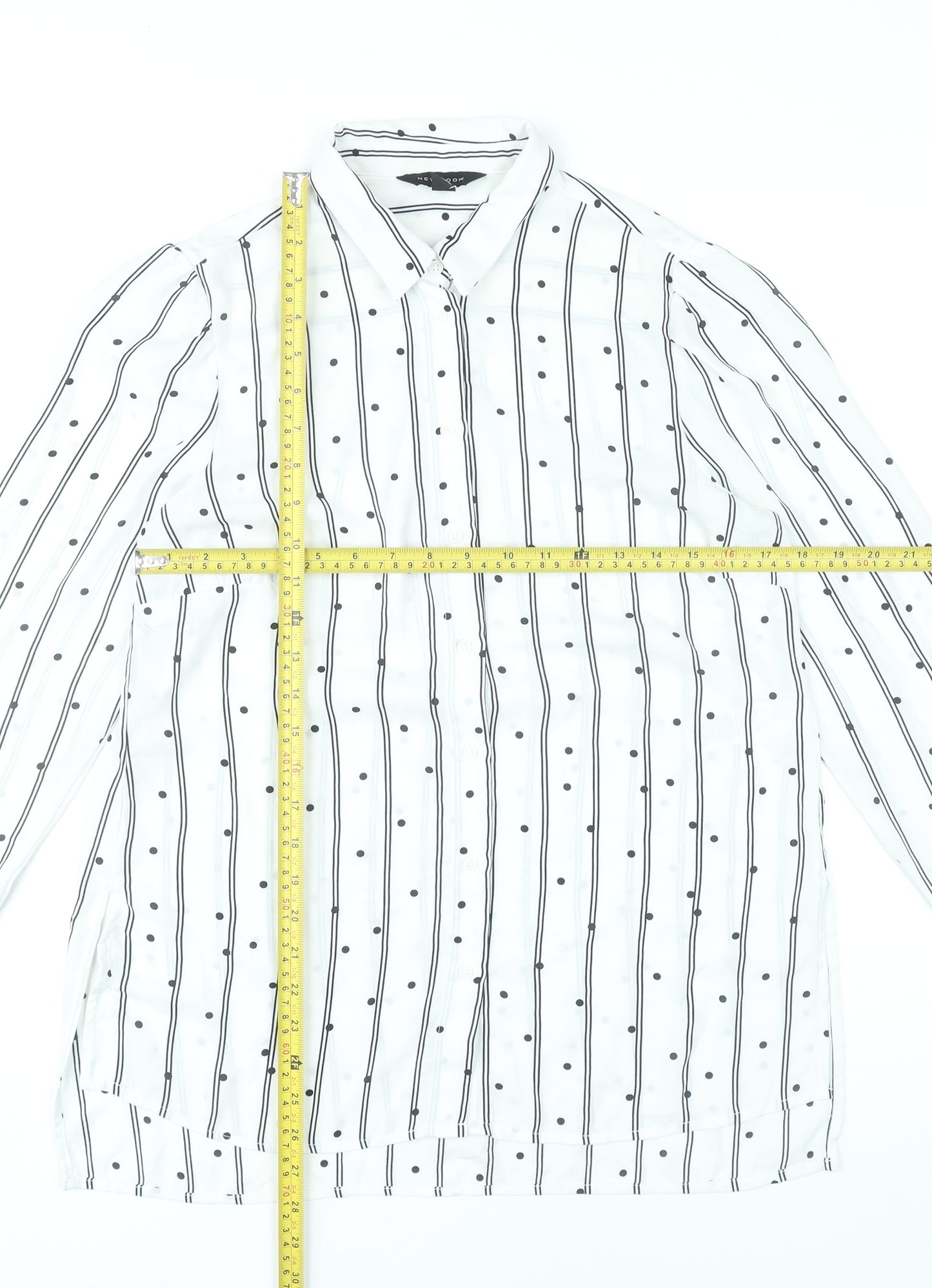 New Look Women White Striped Button-Up Shirt UK 10 Long Sleeve Polyester