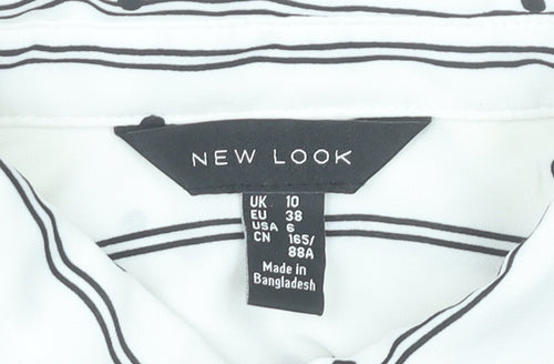New Look Women White Striped Button-Up Shirt UK 10 Long Sleeve Polyester