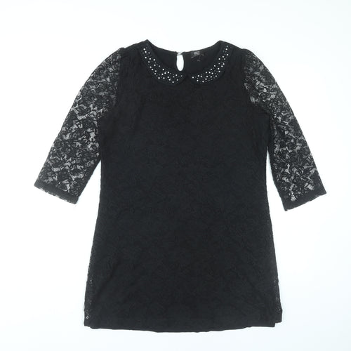 F&F Women Black Shift Lace Dress Size 12 Beaded Collar Partywear