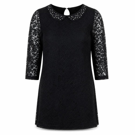 Front view of F&F Women Black Shift Lace Dress, size 12, Beaded Collar Partywear