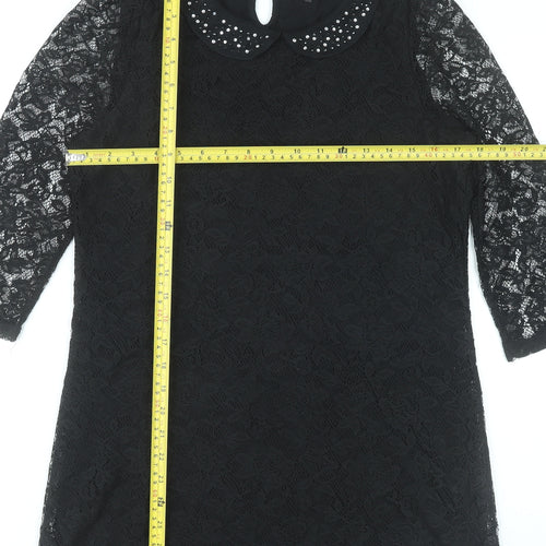 F&F Women Black Shift Lace Dress Size 12 Beaded Collar Partywear
