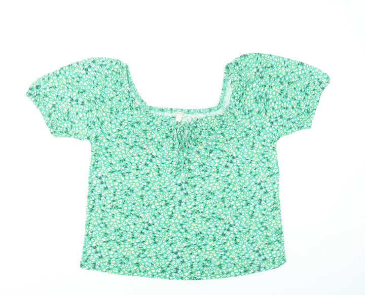Monsoon Women’s Green Floral Peasant Blouse Size S Puff Sleeve
