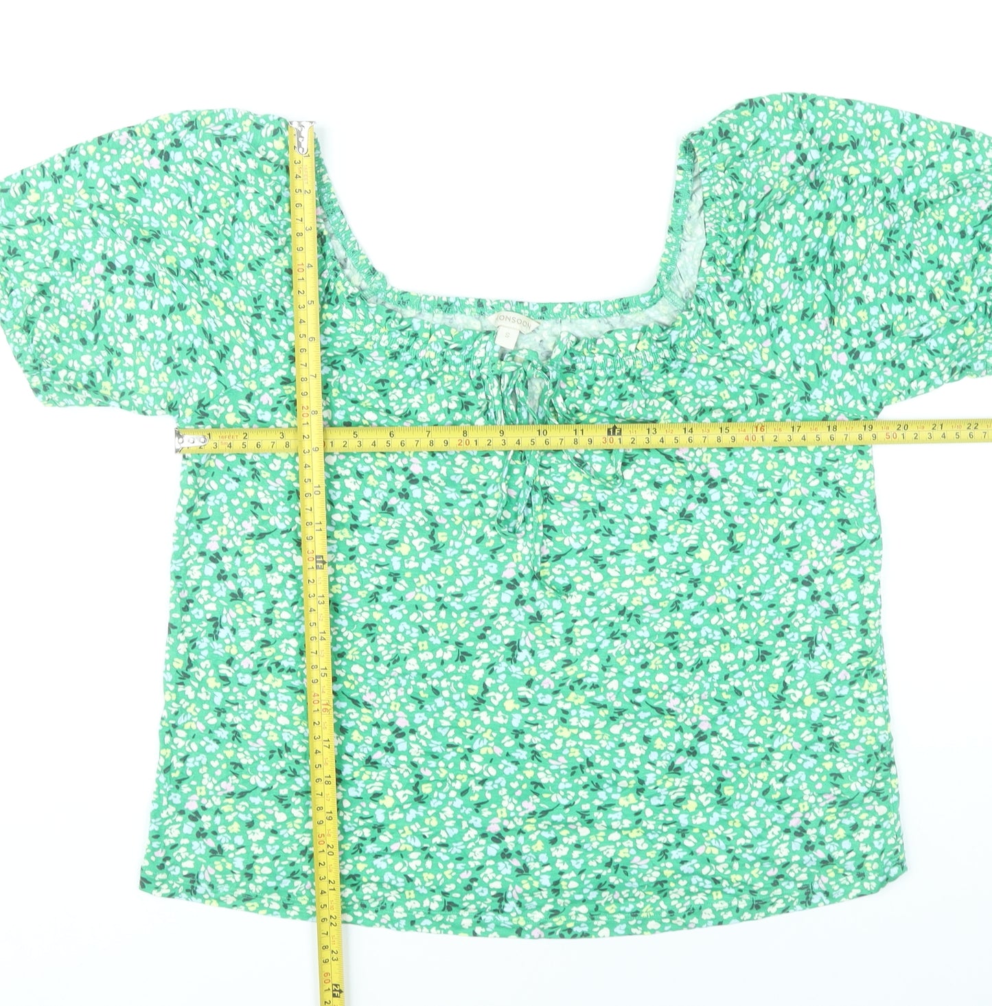 Monsoon Women’s Green Floral Peasant Blouse Size S Puff Sleeve