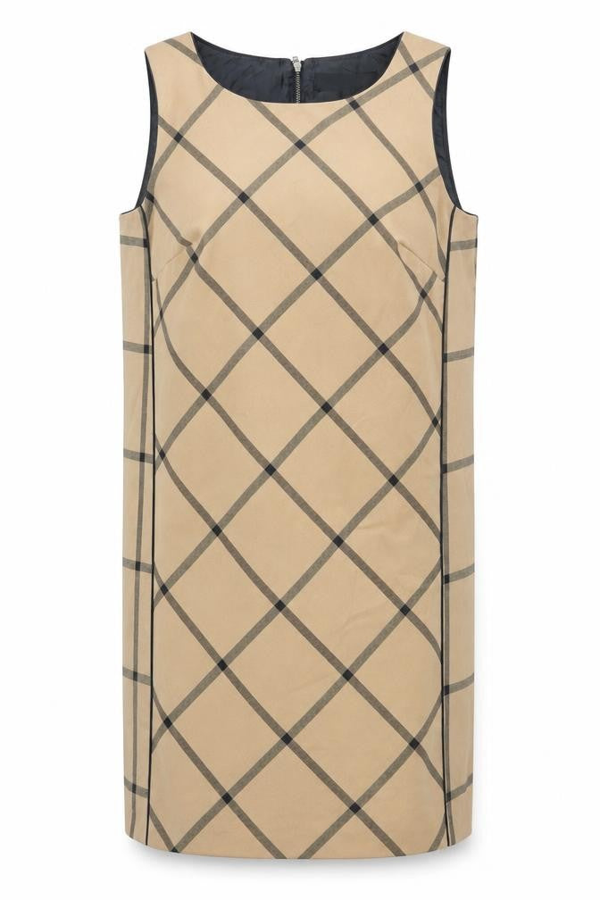 Front view of Next Women Beige Check Sleeveless Sheath Dress, size 14