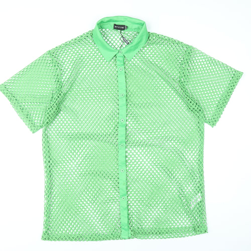 PrettyLittleThing Women Green Mesh Button-Up Shirt UK 14 Summer Top