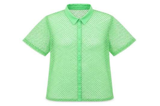 Front view of PRETTYLITTLETHING Women Green Mesh Button-Up Shirt UK 14 Summer Top
