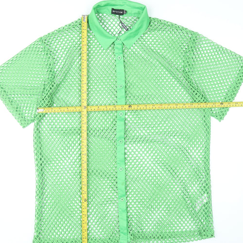PrettyLittleThing Women Green Mesh Button-Up Shirt UK 14 Summer Top