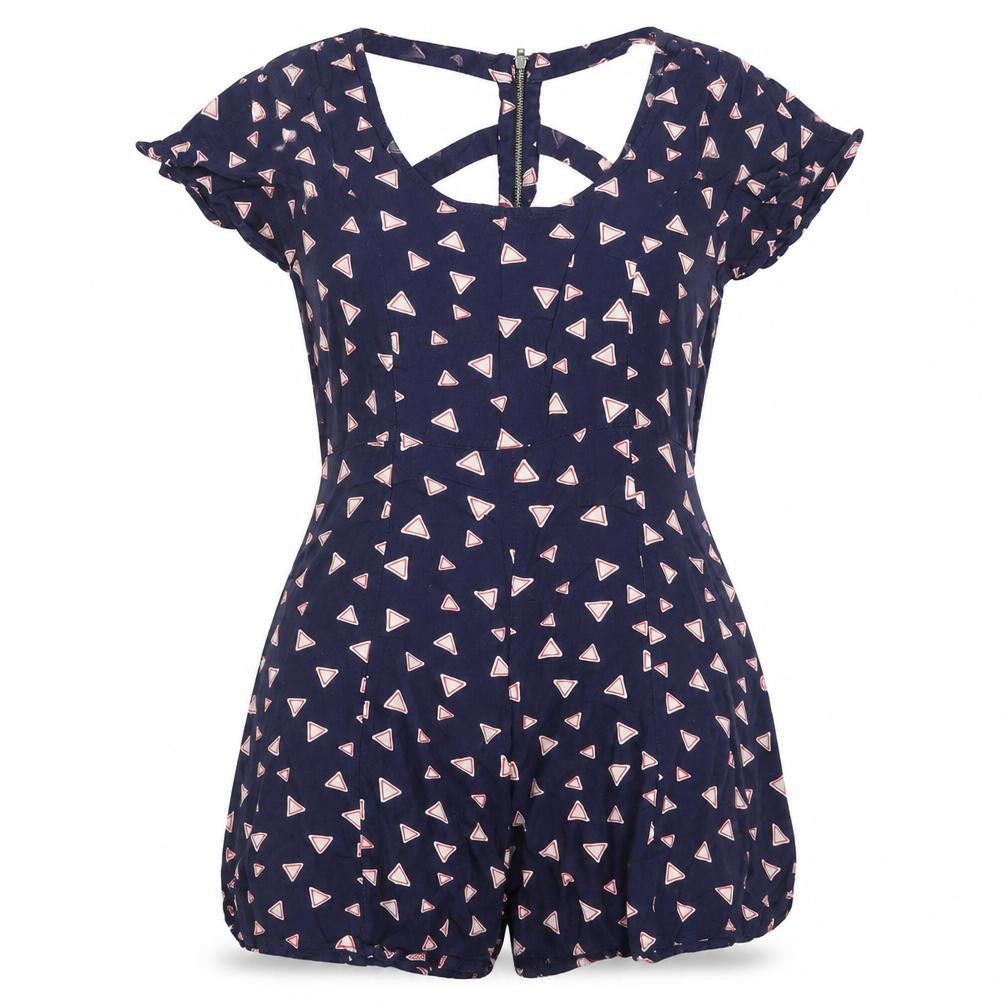 Front view of River Island women’s blue geometric playsuit uk 10 viscose summer