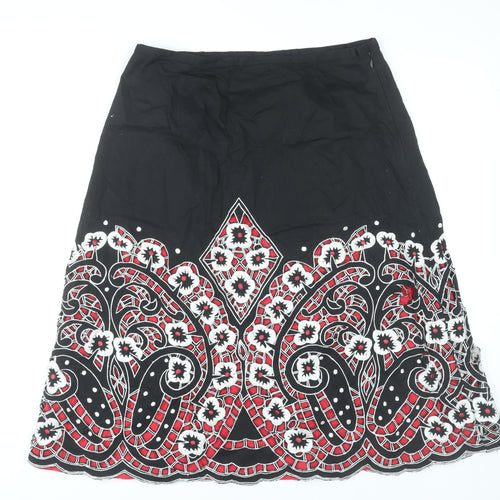East Womens Black Cotton Floral Embroidered A-Line Skirt Size 14