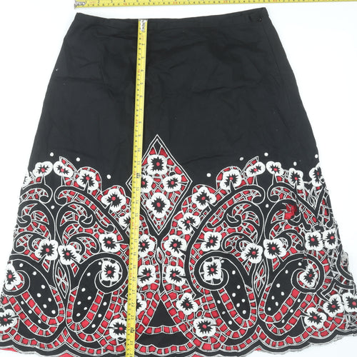 East Womens Black Cotton Floral Embroidered A-Line Skirt Size 14