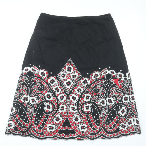 East Womens Black Cotton Floral Embroidered A-Line Skirt Size 14