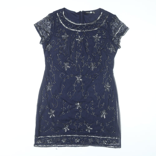 Boohoo Womens Blue Size 12 Beaded Sequin Floral Short Sheath Dress