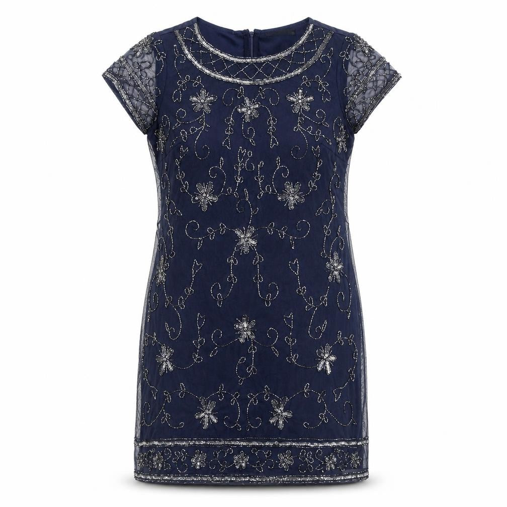 Boohoo Womens Blue Size 12 Beaded Sequin Floral Short Sheath Dress