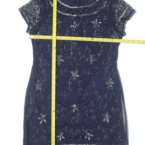 Boohoo Womens Blue Size 12 Beaded Sequin Floral Short Sheath Dress