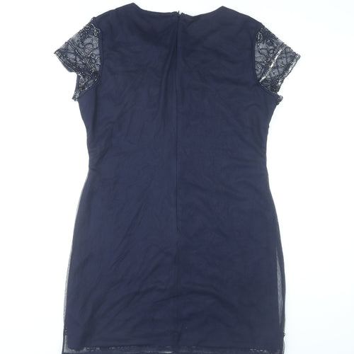Boohoo Womens Blue Size 12 Beaded Sequin Floral Short Sheath Dress