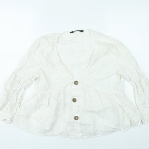 Zara Women White Linen Blouse XL 3/4 Flared Sleeve V-Neck