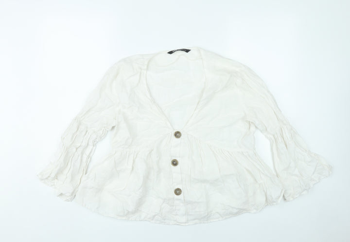 Zara Women White Linen Blouse XL 3/4 Flared Sleeve V-Neck