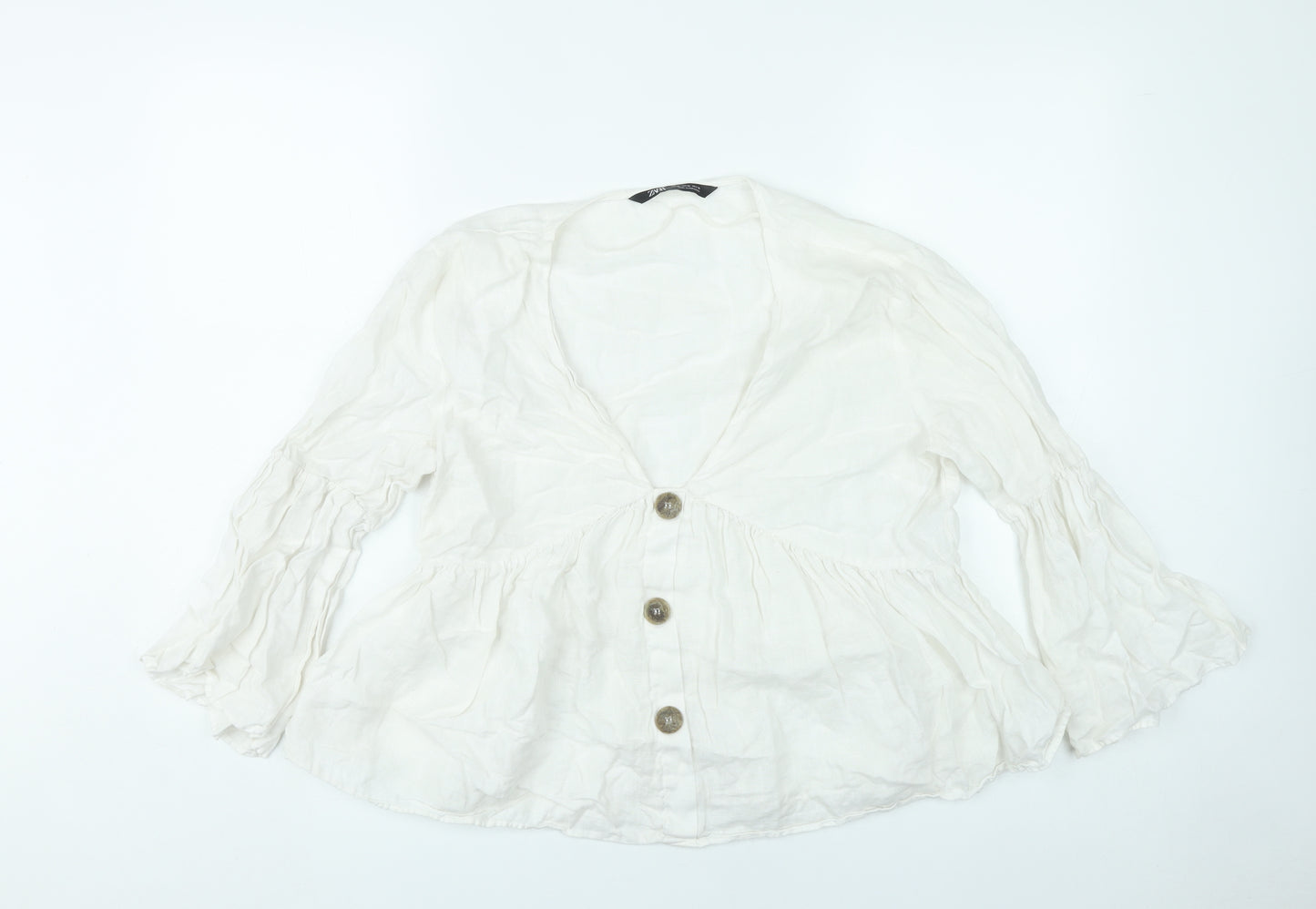 Zara Women White Linen Blouse XL 3/4 Flared Sleeve V-Neck