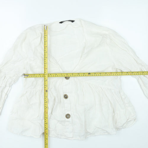Zara Women White Linen Blouse XL 3/4 Flared Sleeve V-Neck