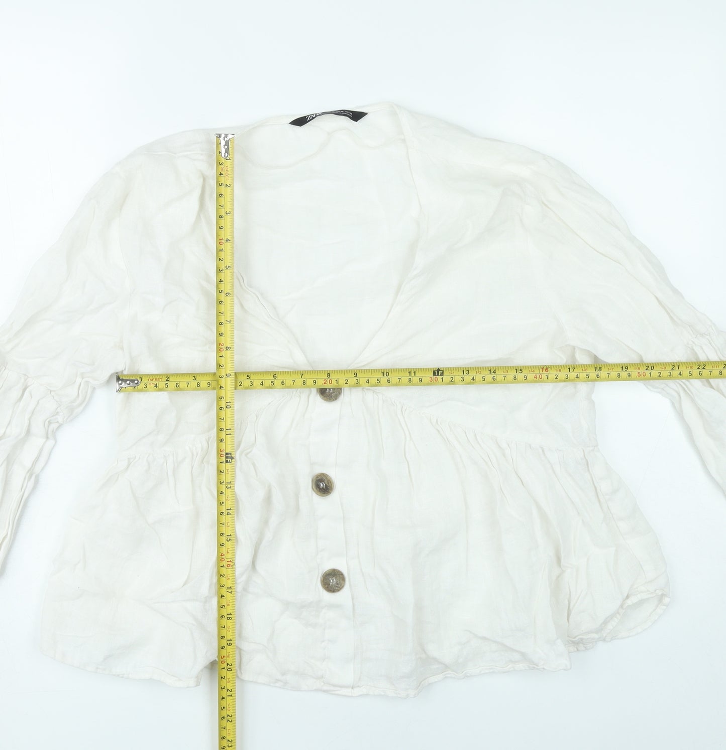 Zara Women White Linen Blouse XL 3/4 Flared Sleeve V-Neck