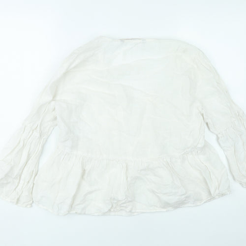 Zara Women White Linen Blouse XL 3/4 Flared Sleeve V-Neck
