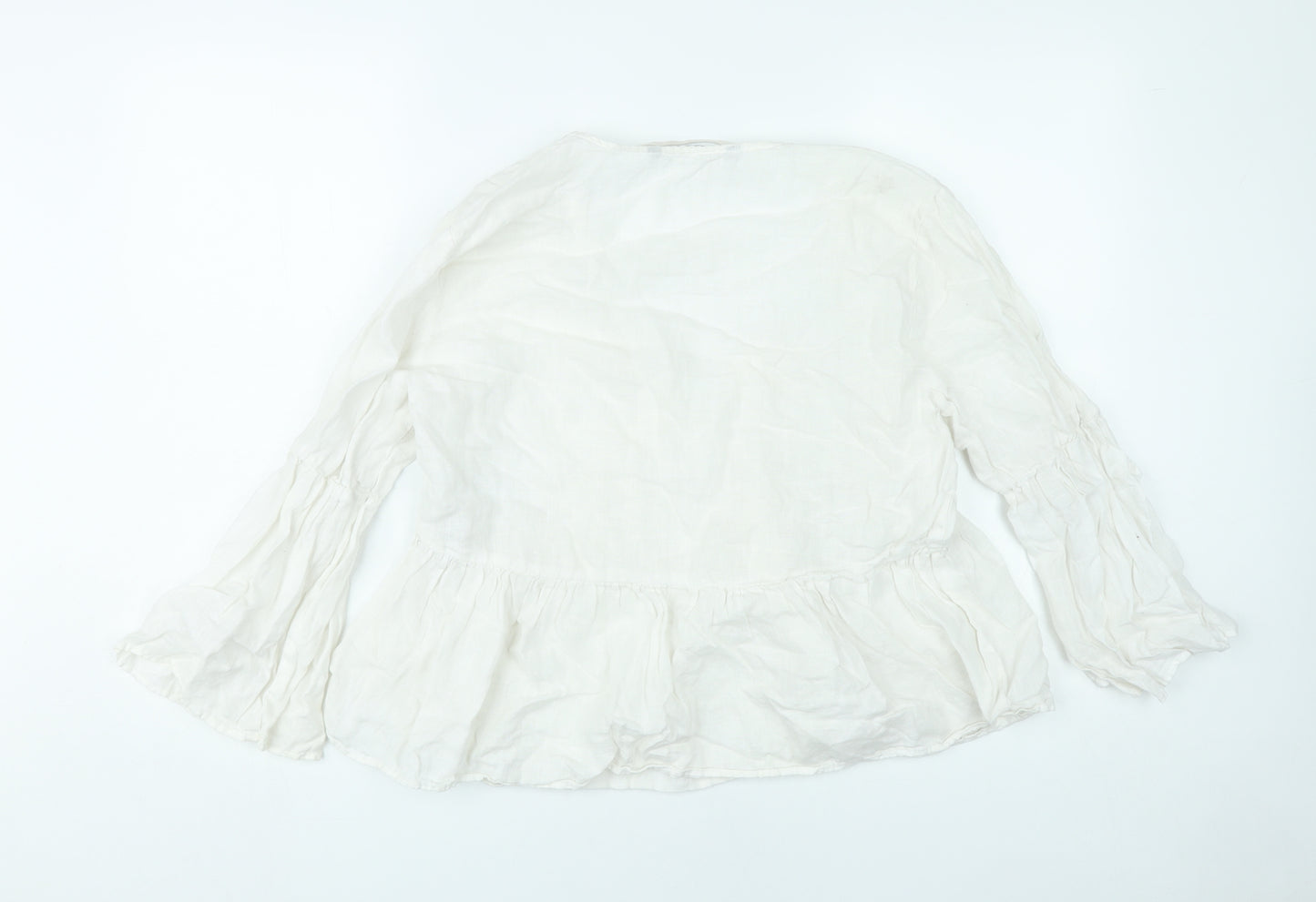 Zara Women White Linen Blouse XL 3/4 Flared Sleeve V-Neck