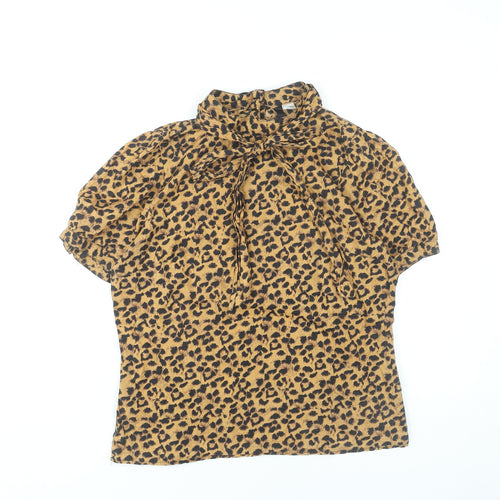 H&M Women’s Brown Leopard Print Cotton Blouse Size 12 Short Sleeve