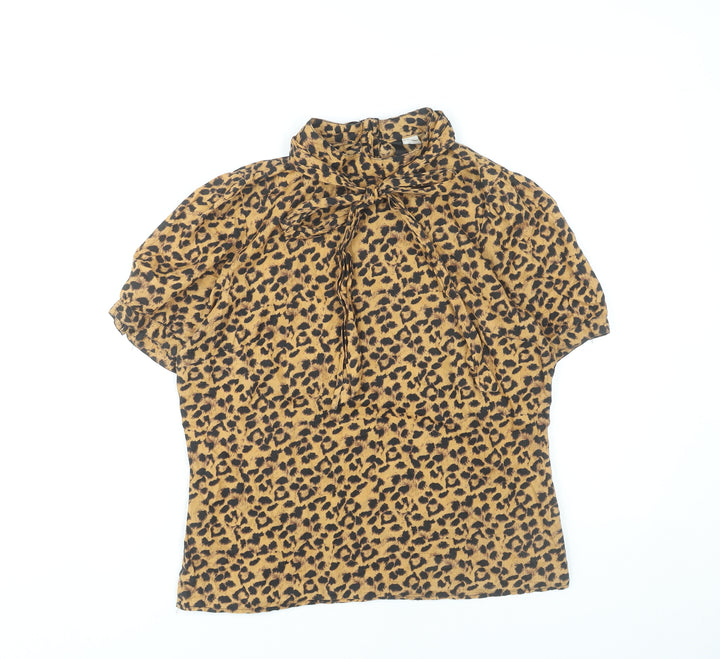 H&M Women’s Brown Leopard Print Cotton Blouse Size 12 Short Sleeve