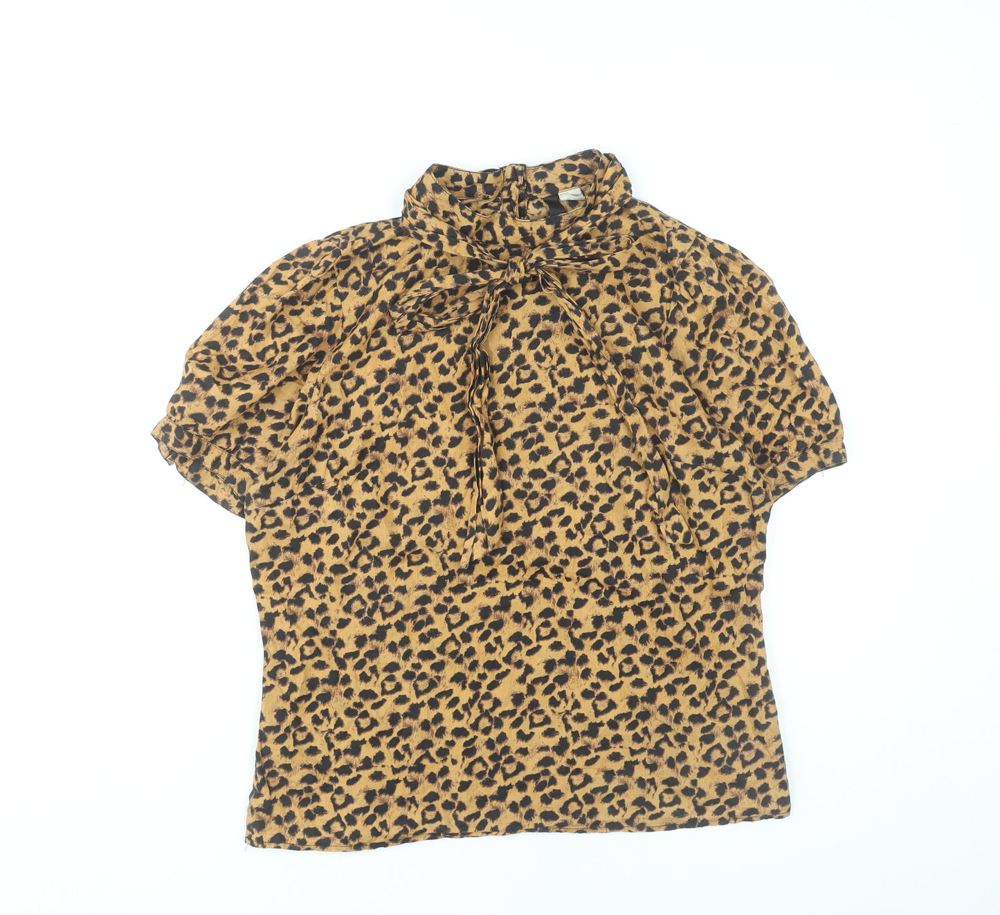 H&M Women’s Brown Leopard Print Cotton Blouse Size 12 Short Sleeve