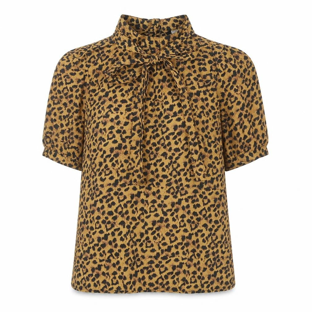 H&M Women’s Brown Leopard Print Cotton Blouse Size 12 Short Sleeve