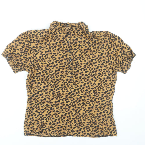 H&M Women’s Brown Leopard Print Cotton Blouse Size 12 Short Sleeve
