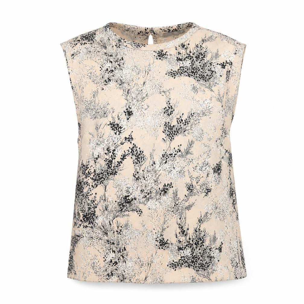 Front view of Oasis women’s beige floral sleeveless blouse, size UK 8, polyester top