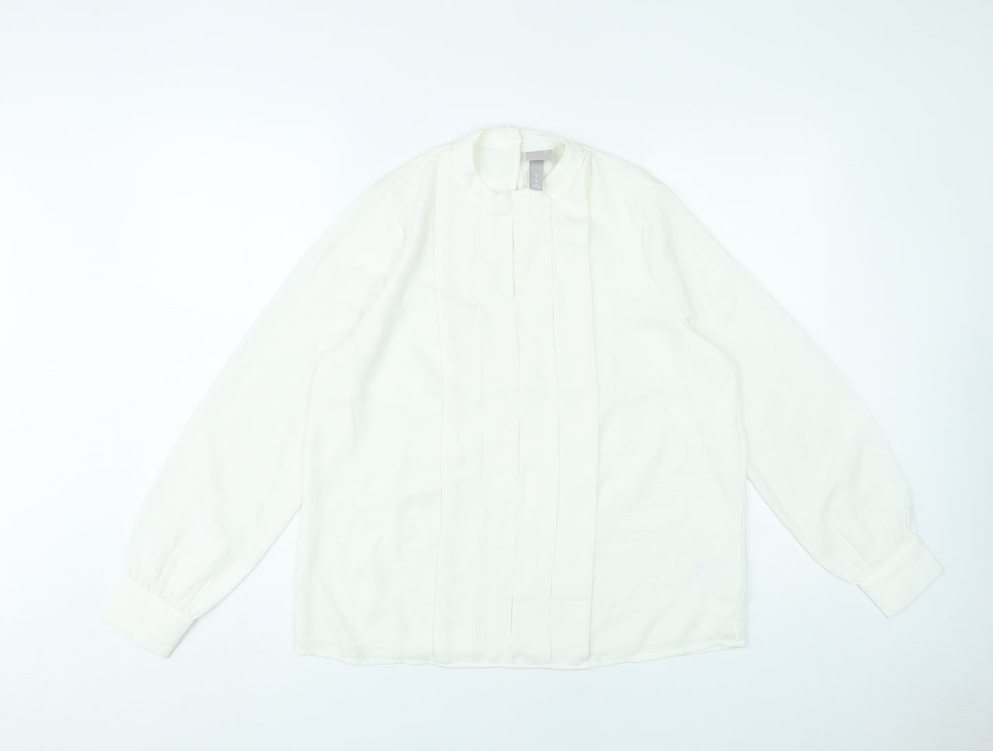 H&M Women Ivory Polyester Blouse Size M Long Sleeve Pleated Workwear