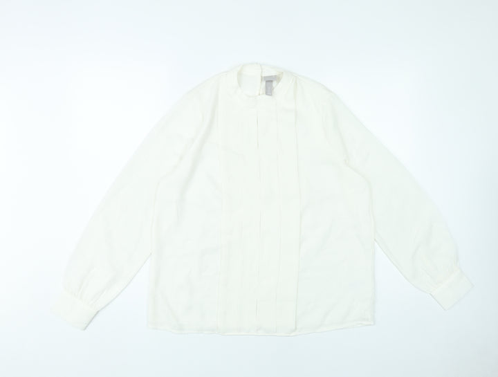 H&M Women Ivory Polyester Blouse Size M Long Sleeve Pleated Workwear