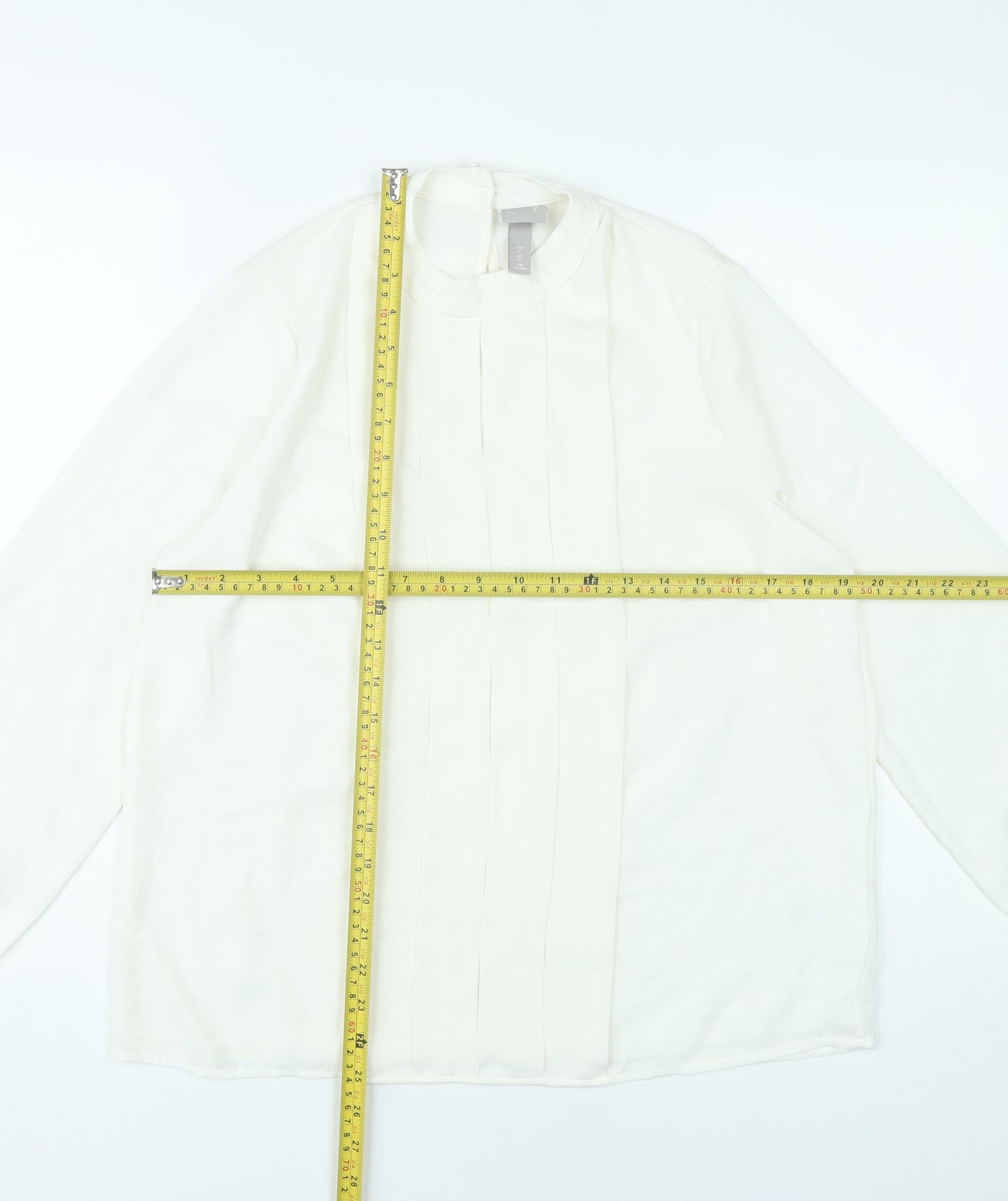 H&M Women Ivory Polyester Blouse Size M Long Sleeve Pleated Workwear