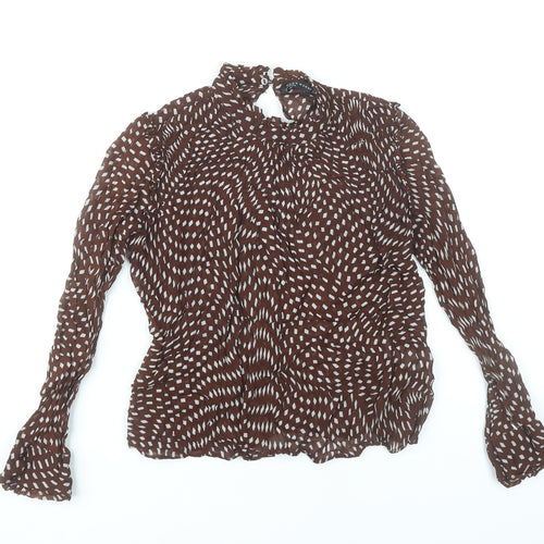 Zara Women Brown Geometric High Neck Viscose Blouse Size 8