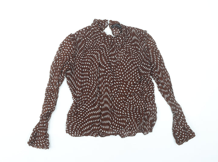 Zara Women Brown Geometric High Neck Viscose Blouse Size 8