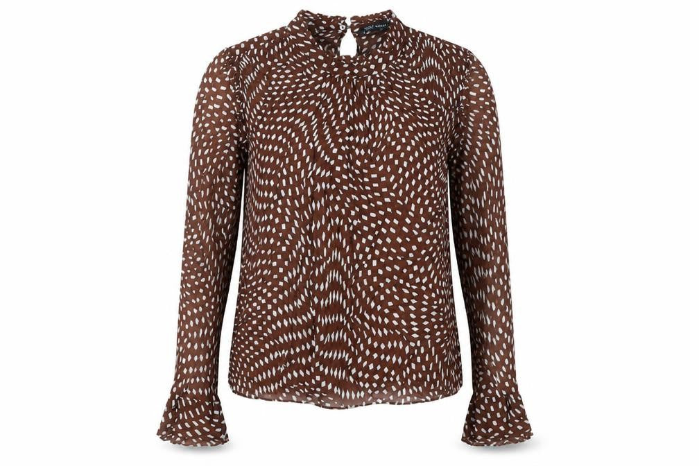 Zara Women Brown Geometric High Neck Viscose Blouse Size 8