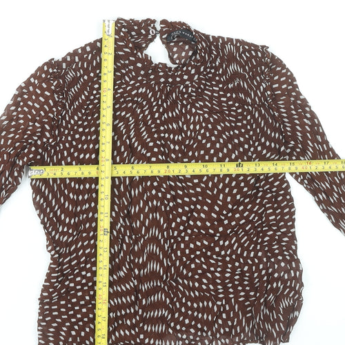 Zara Women Brown Geometric High Neck Viscose Blouse Size 8