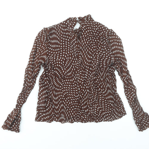 Zara Women Brown Geometric High Neck Viscose Blouse Size 8