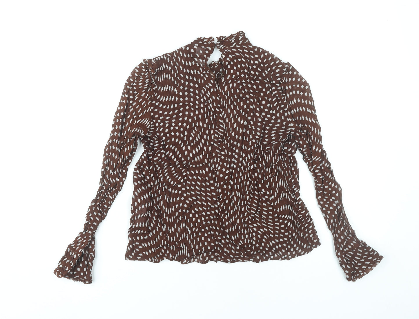 Zara Women Brown Geometric High Neck Viscose Blouse Size 8