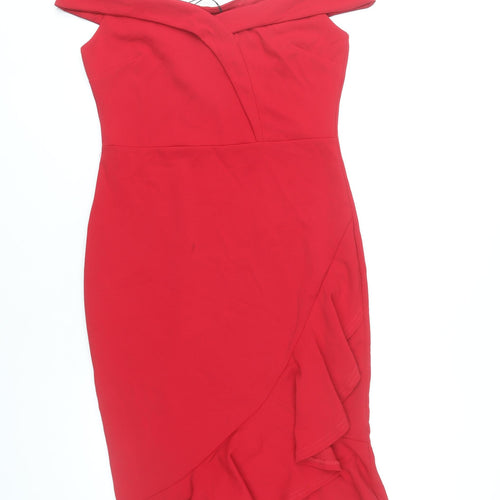 Lipsy Women Red Size 12 Off Shoulder Bodycon Ruffle Dress