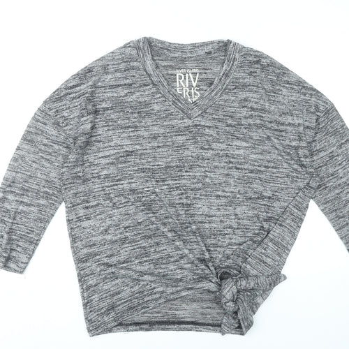 River Island Women’s Grey V-Neck Tunic Top Size S 3/4 Sleeve Knot Detail