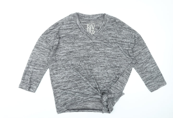 River Island Women’s Grey V-Neck Tunic Top Size S 3/4 Sleeve Knot Detail