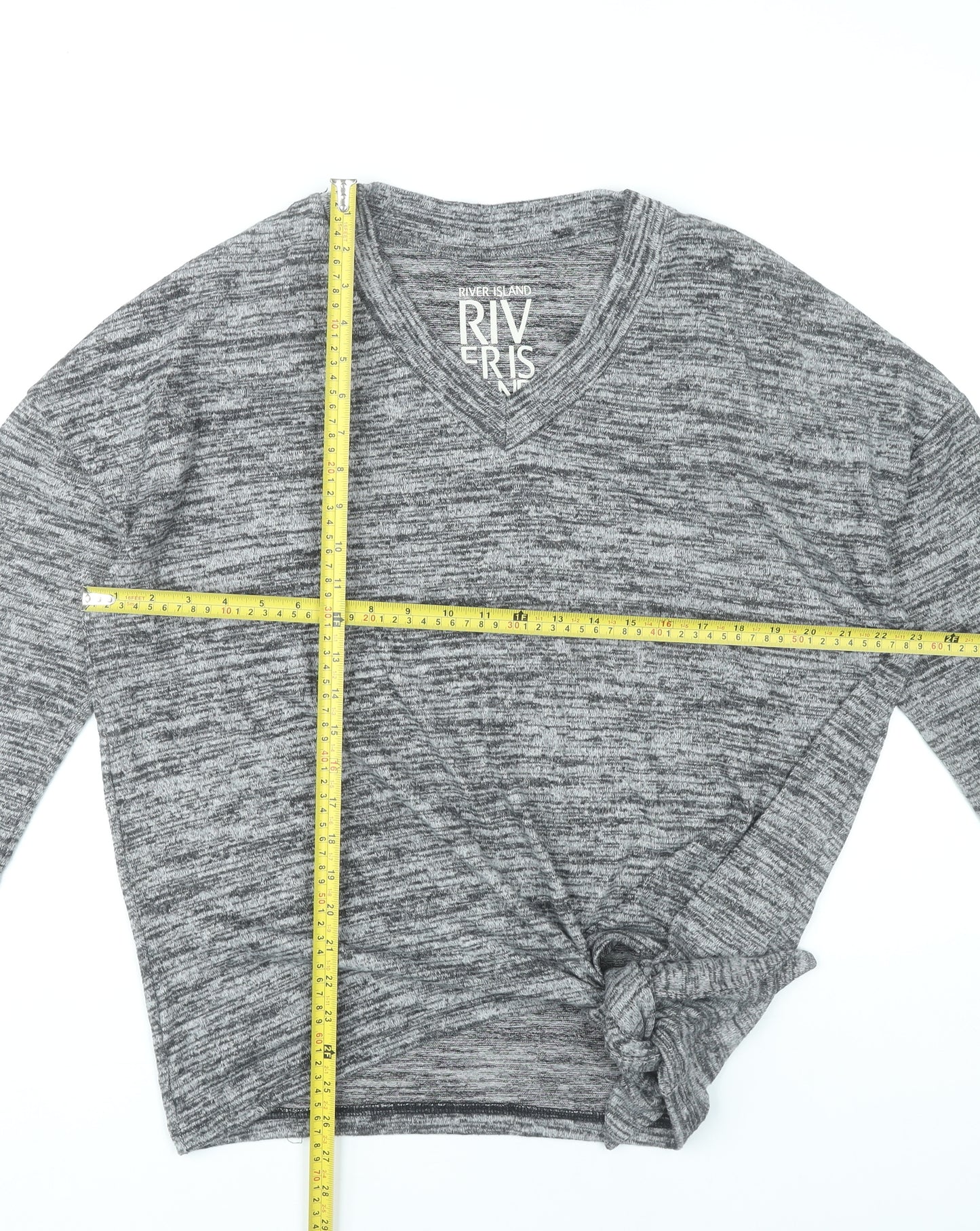 River Island Women’s Grey V-Neck Tunic Top Size S 3/4 Sleeve Knot Detail