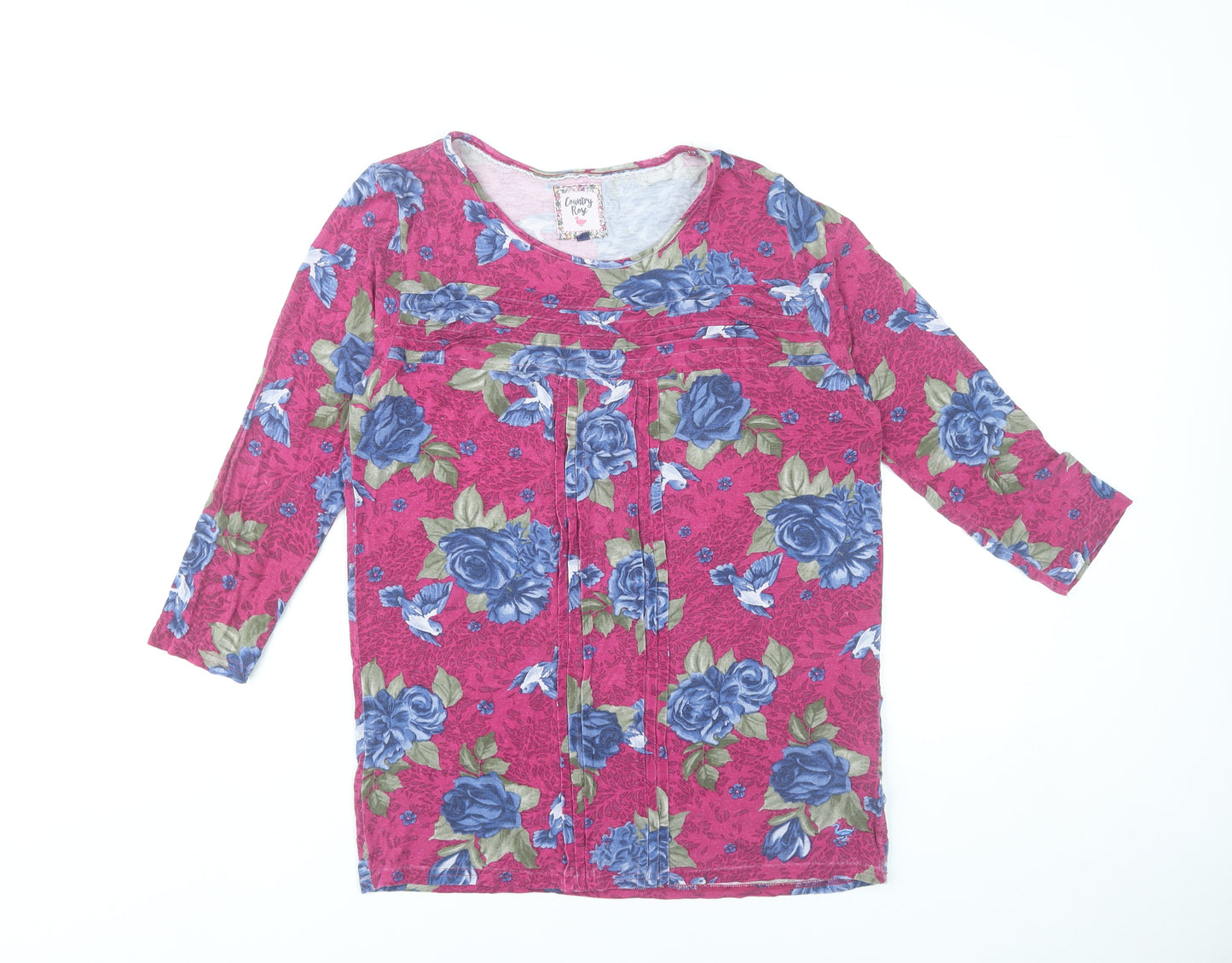 Country Rose Womens Pink Floral Tunic Blouse Size S 3/4 Sleeve Scoop Neck