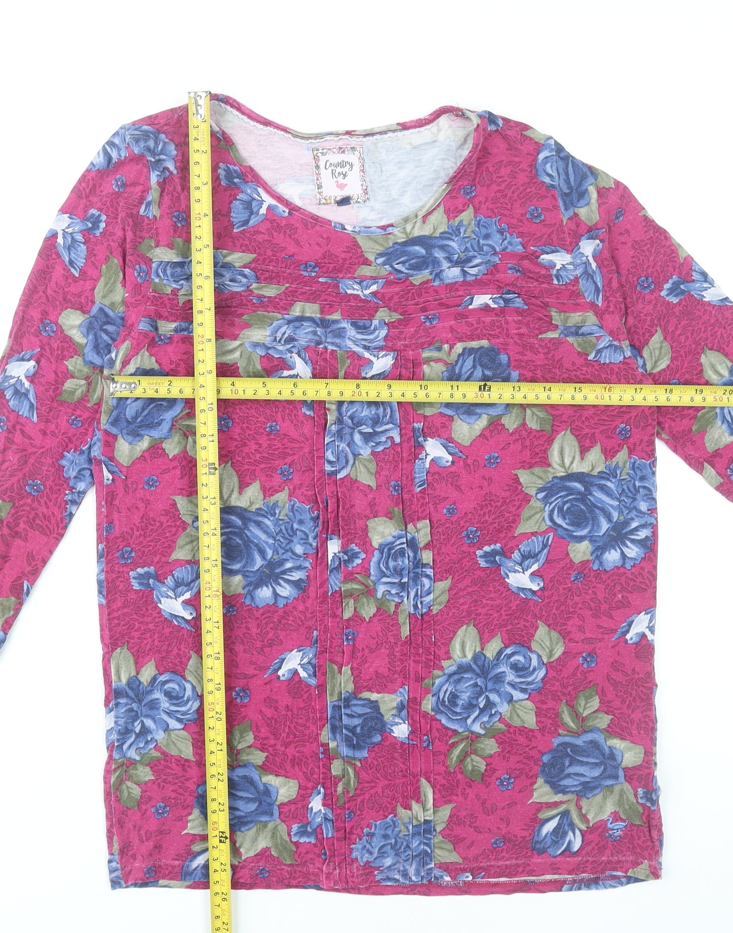 Country Rose Womens Pink Floral Tunic Blouse Size S 3/4 Sleeve Scoop Neck