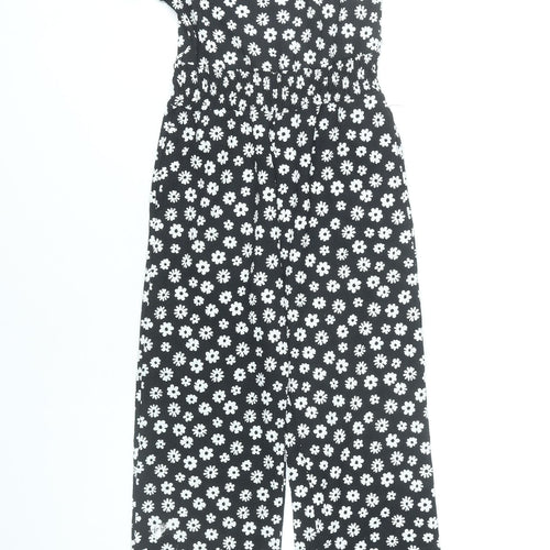F&F Girls Black Floral Jumpsuit 7-8 Years Square Neck Short Sleeve